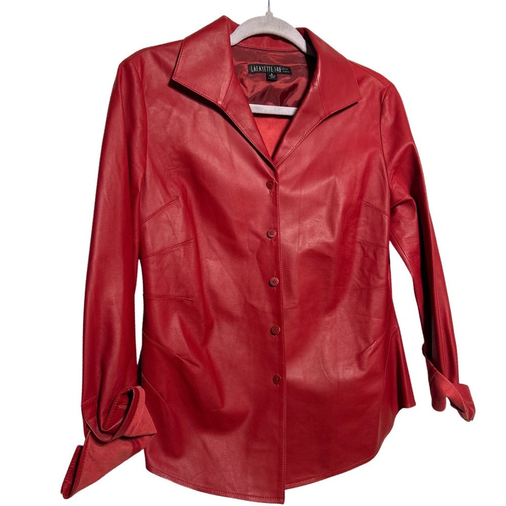 Lafayette 148‎ New York Lambskin Leather Button Up Shacket Red Women's Size 8